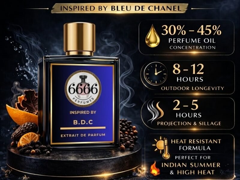 6666 Perfumes brand benefits infographic showing extrait de parfum concentration 30% to 45% fragrance oil long lasting performance and premium quality perfumes