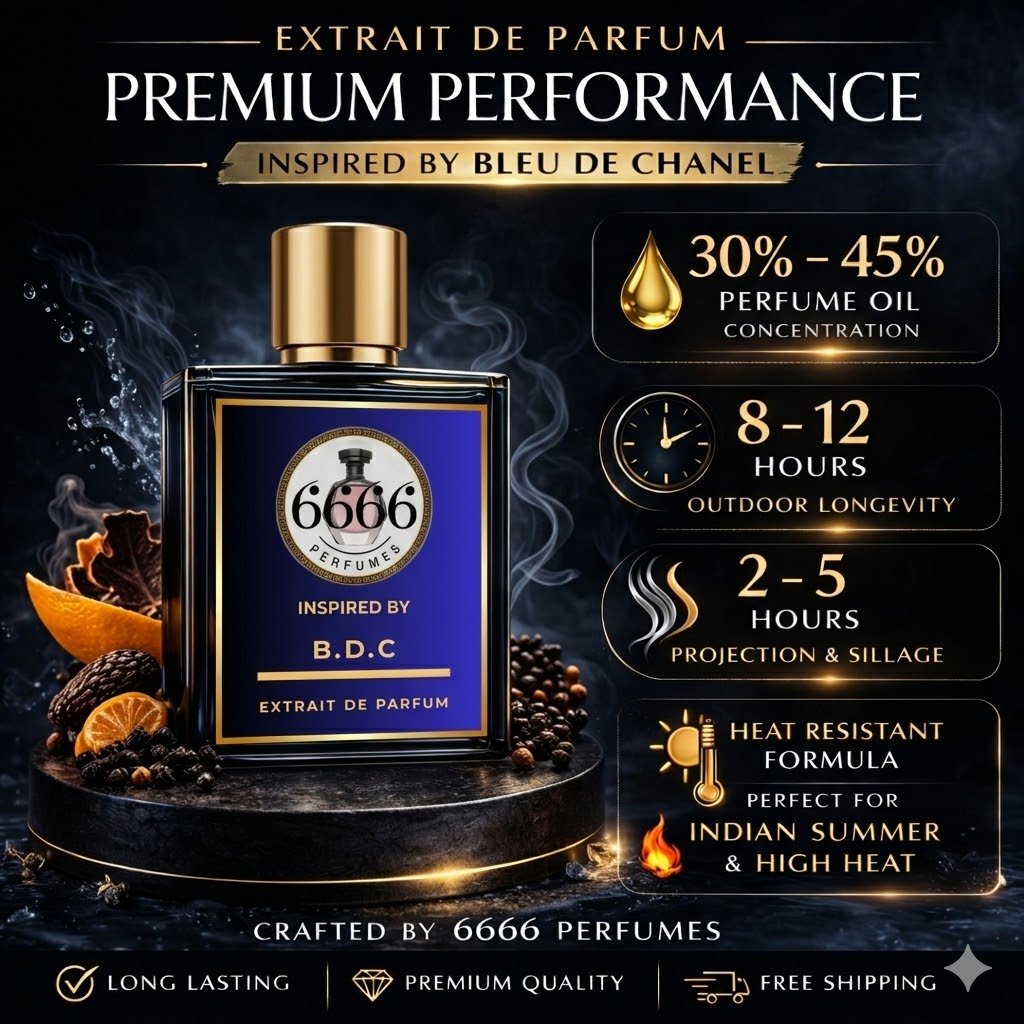 6666 Perfumes brand benefits infographic showing extrait de parfum concentration 30% to 45% fragrance oil long lasting performance and premium quality perfumes