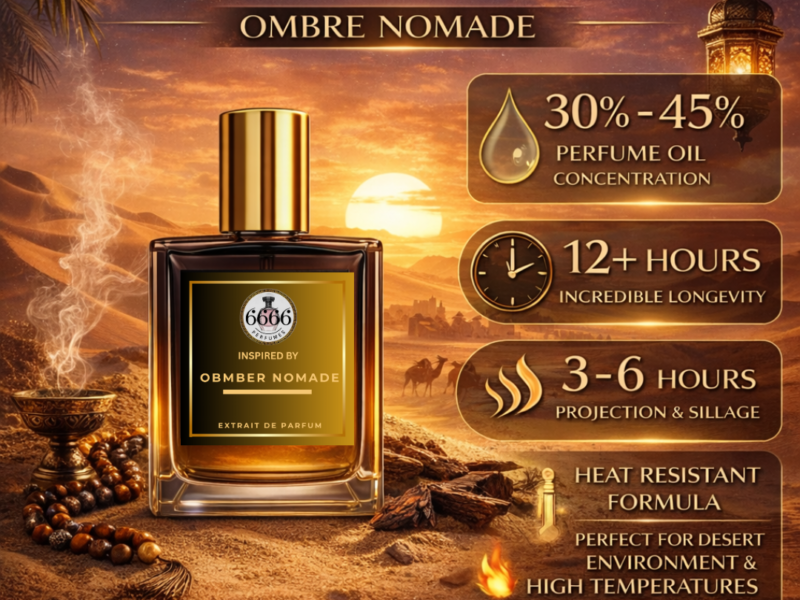 Ombre Nomade inspired extrait de parfum performance showing 30 to 45 percent perfume oil concentration 12 hour longevity strong projection and heat resistant fragrance formula