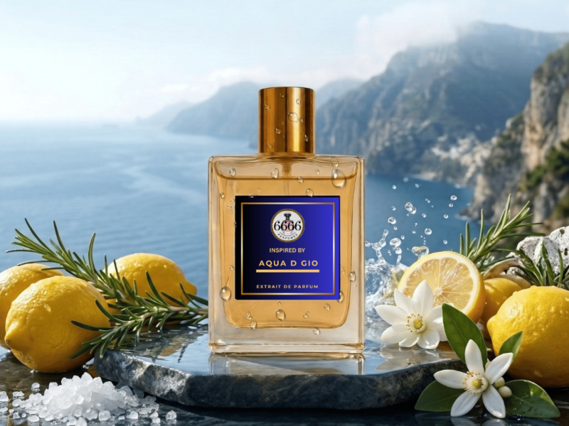 Acqua di Gio inspired perfume bottle placed on ocean rocks representing fresh aquatic fragrance character