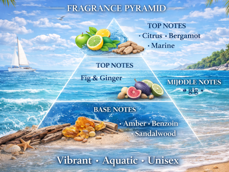 Afternoon Swim inspired fragrance notes pyramid showing orange citrus freshness
