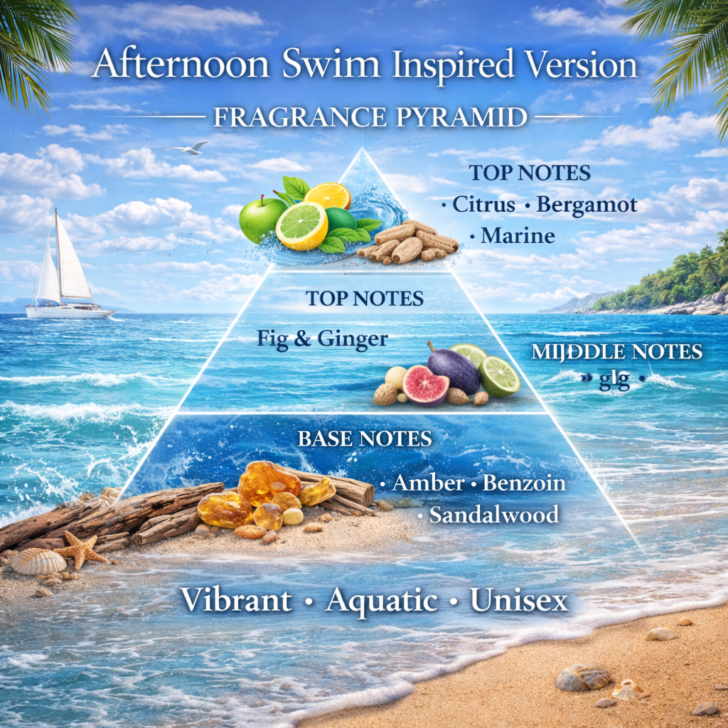 Afternoon Swim inspired fragrance notes pyramid showing orange citrus freshness
