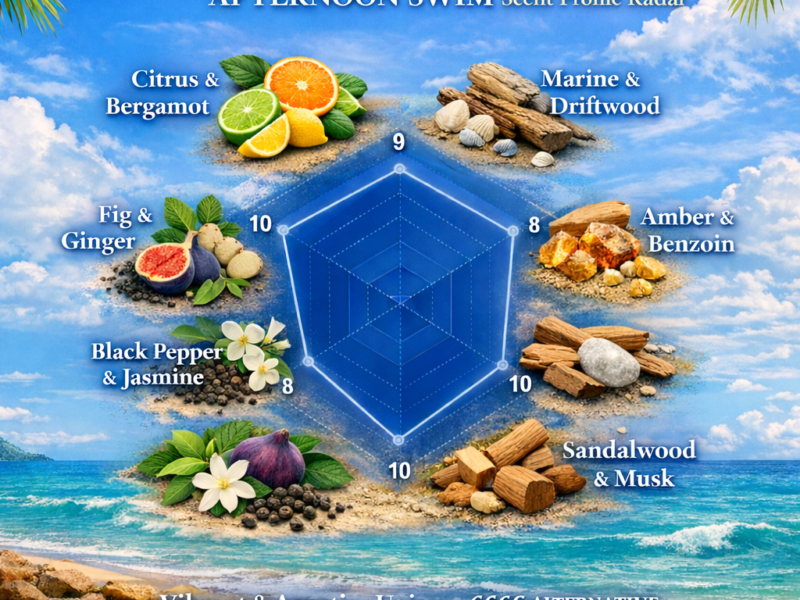 Afternoon Swim inspired perfume scent profile radar chart showing citrus fresh aquatic and clean fragrance character
