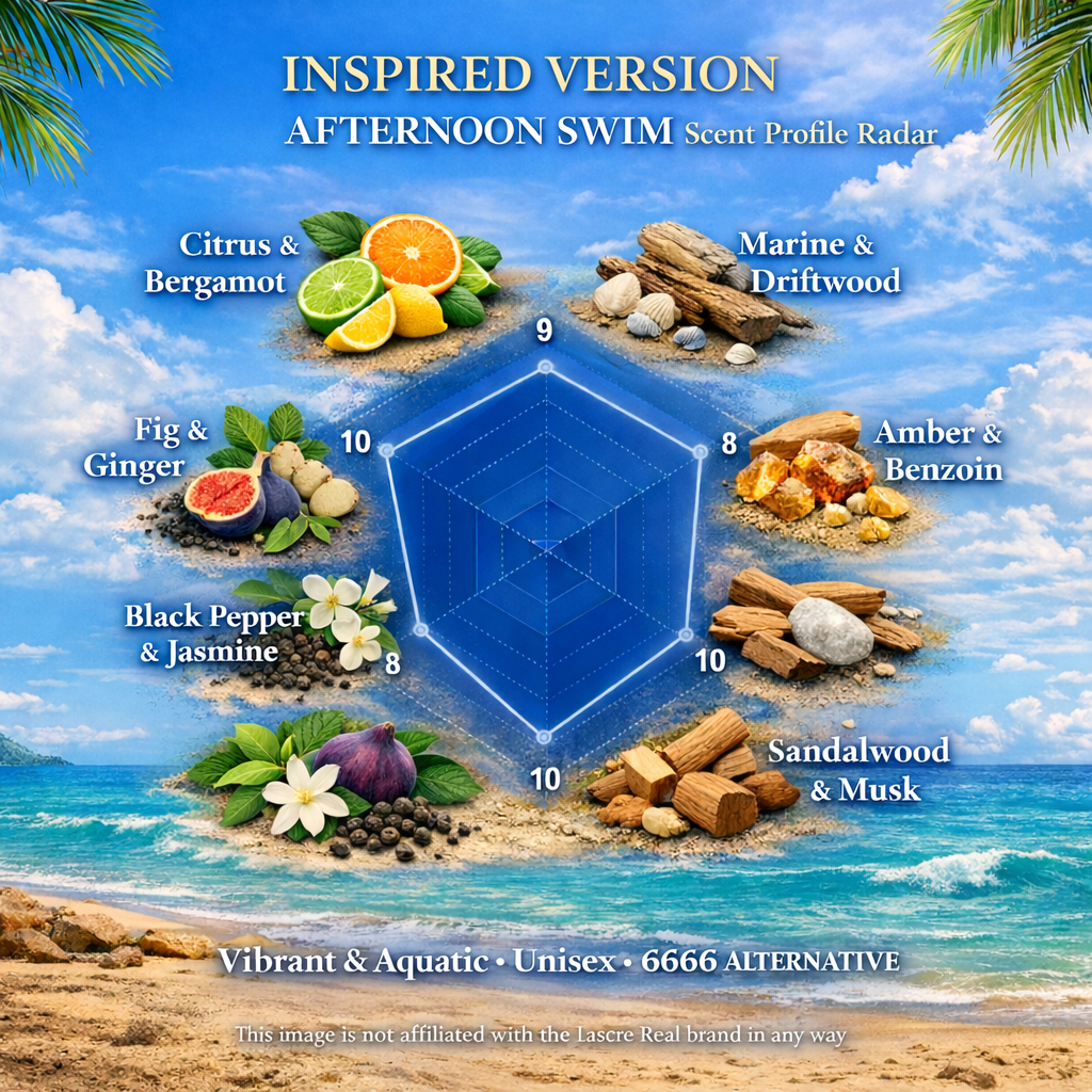 Afternoon Swim inspired perfume scent profile radar chart showing citrus fresh aquatic and clean fragrance character