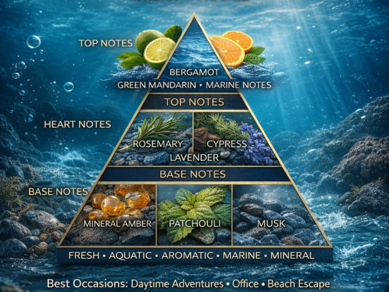 scent pyramid showing bergamot marine notes rosemary lavender patchouli musk aqua profondo inspired