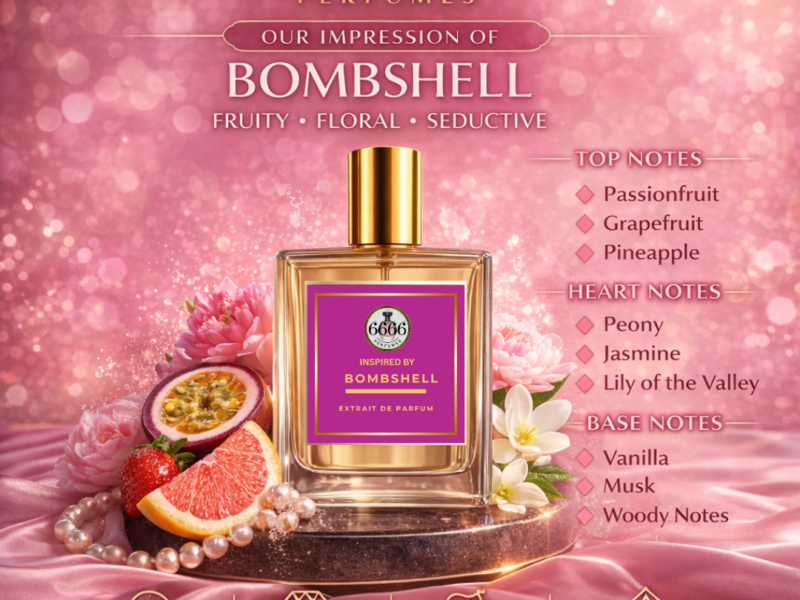 Bombshell inspired perfume bottle with passionfruit grapefruit and floral notes splash background representing fruity floral fragrance profile