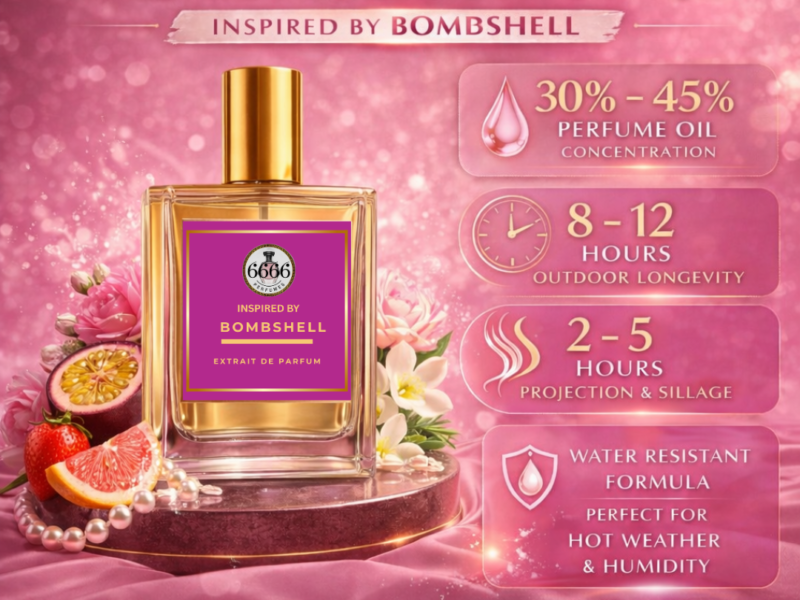 Bombshell inspired perfume performance infographic showing 30% to 45% perfume oil concentration, 8 to 12 hours longevity and 2 to 5 hours projection by 6666 Perfumes