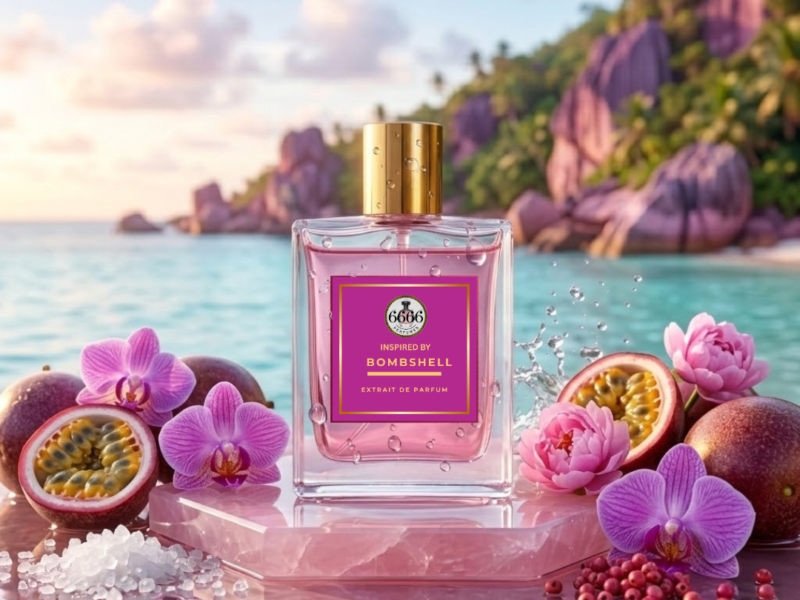 Bombshell inspired perfume bottle in bright summer setting representing fresh fruity floral fragrance perfect for daytime wear