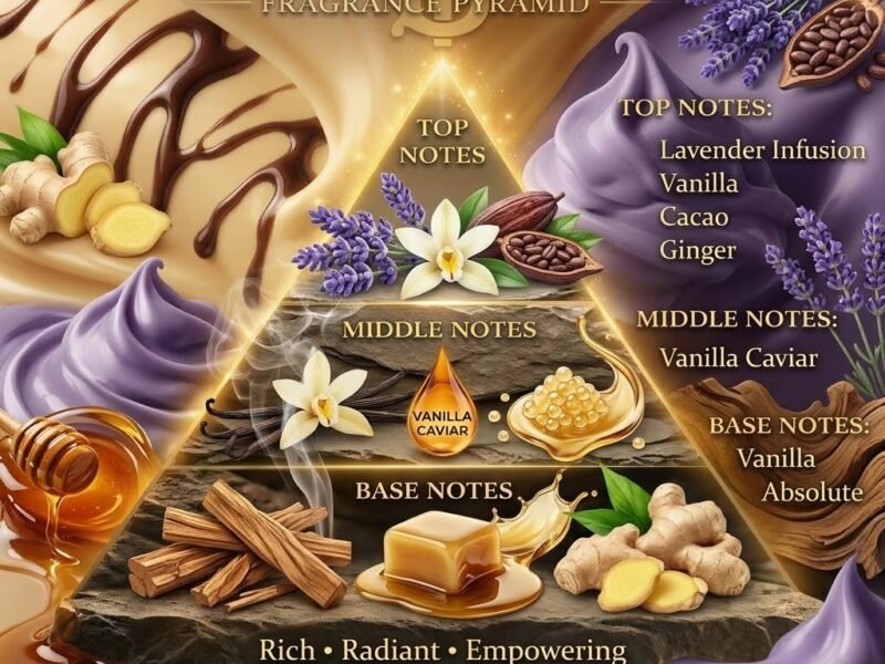 Burberry Goddess fragrance notes pyramid showing lavender, vanilla infusion, vanilla caviar and warm gourmand base notes.