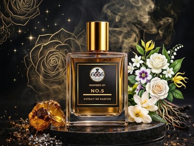 Chanel No 5 inspired perfume bottle in elegant luxury setting representing classic feminine fragrance