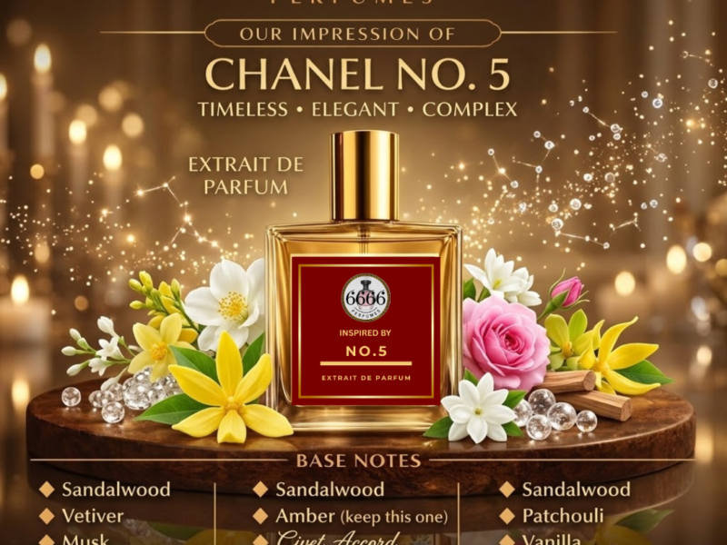 Fragrance notes of Chanel No 5 inspired perfume showing aldehydes rose jasmine ylang ylang vanilla and sandalwood