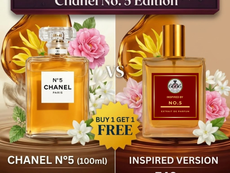 Chanel No 5 designer perfume vs inspired perfume by 6666 Perfumes showing price comparison and extrait concentration