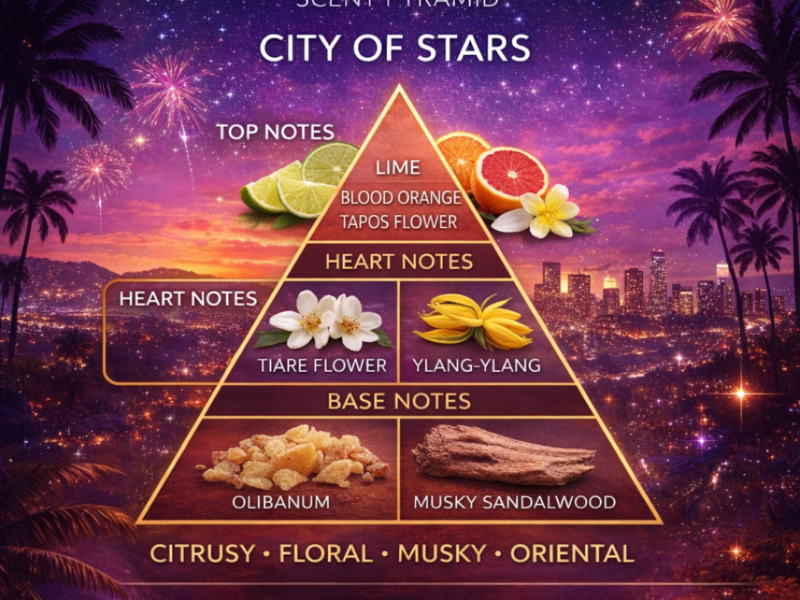 City of Stars inspired perfume scent pyramid lime blood orange tiare ylang ylang sandalwood musk notes