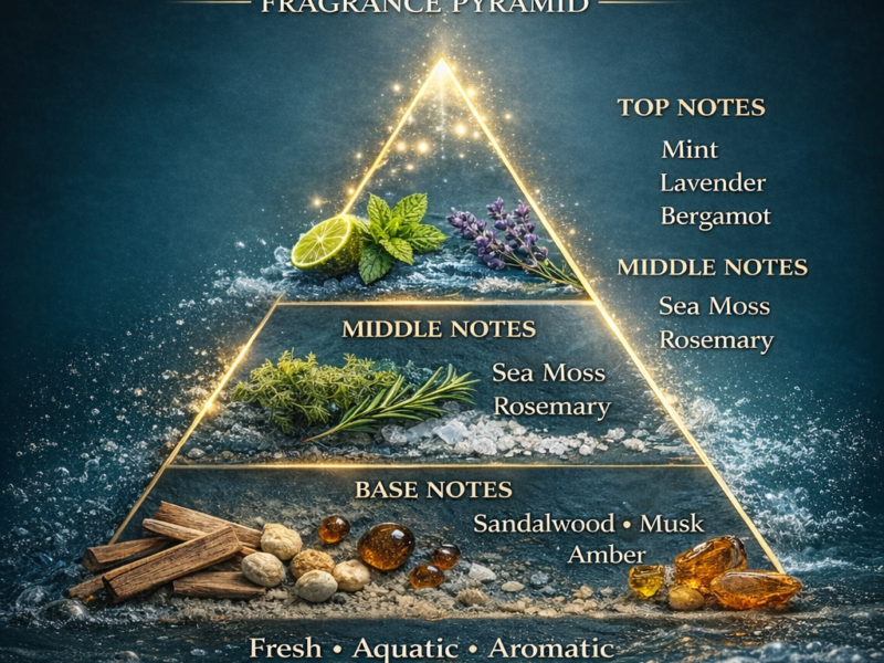 Cool Water fragrance notes pyramid showing mint lavender bergamot top notes sea moss rosemary middle notes and sandalwood musk amber base notes fresh aquatic aromatic fragrance