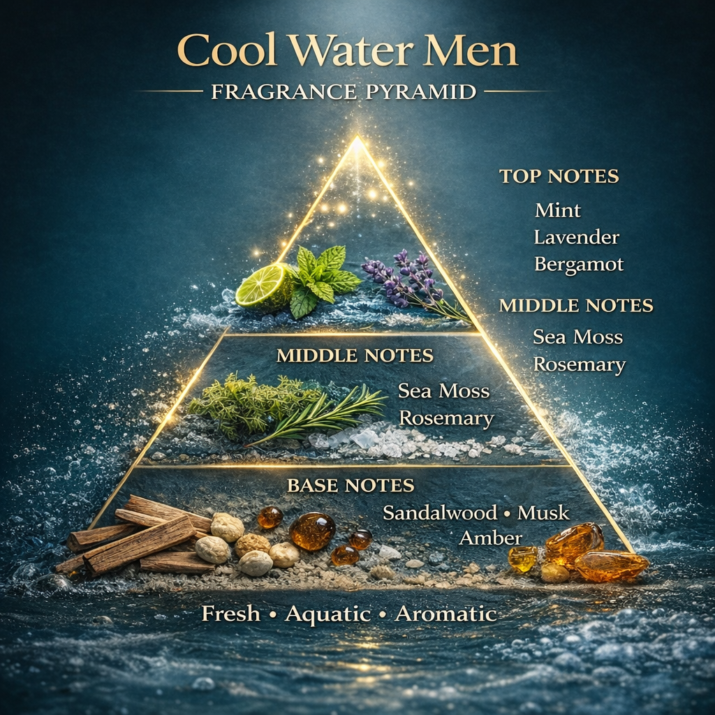 Cool Water fragrance notes pyramid showing mint lavender bergamot top notes sea moss rosemary middle notes and sandalwood musk amber base notes fresh aquatic aromatic fragrance