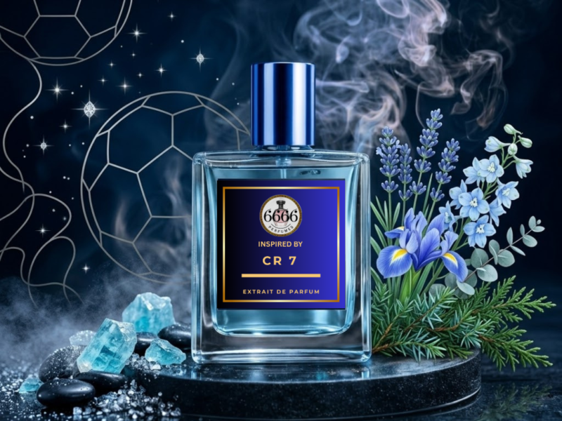 CR7 Blue inspired perfume bottle in sporty outdoor setting representing fresh energetic fragrance