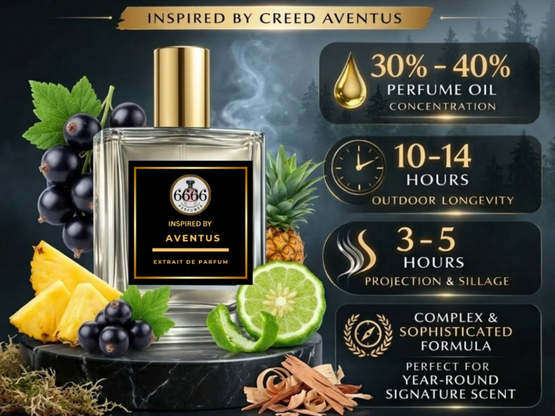 An infographic for 6666 Perfumes' inspired by Creed Aventus, an Extrait de Parfum with 30-40% perfume oil concentration. The image features a bottle of "INSPIRED BY AVENTUS" with pineapple, bergamot, blackcurrants, and cedar wood shavings. The graphic highlights performance statistics including 10-14 hours outdoor longevity and 3-5 hours projection.
