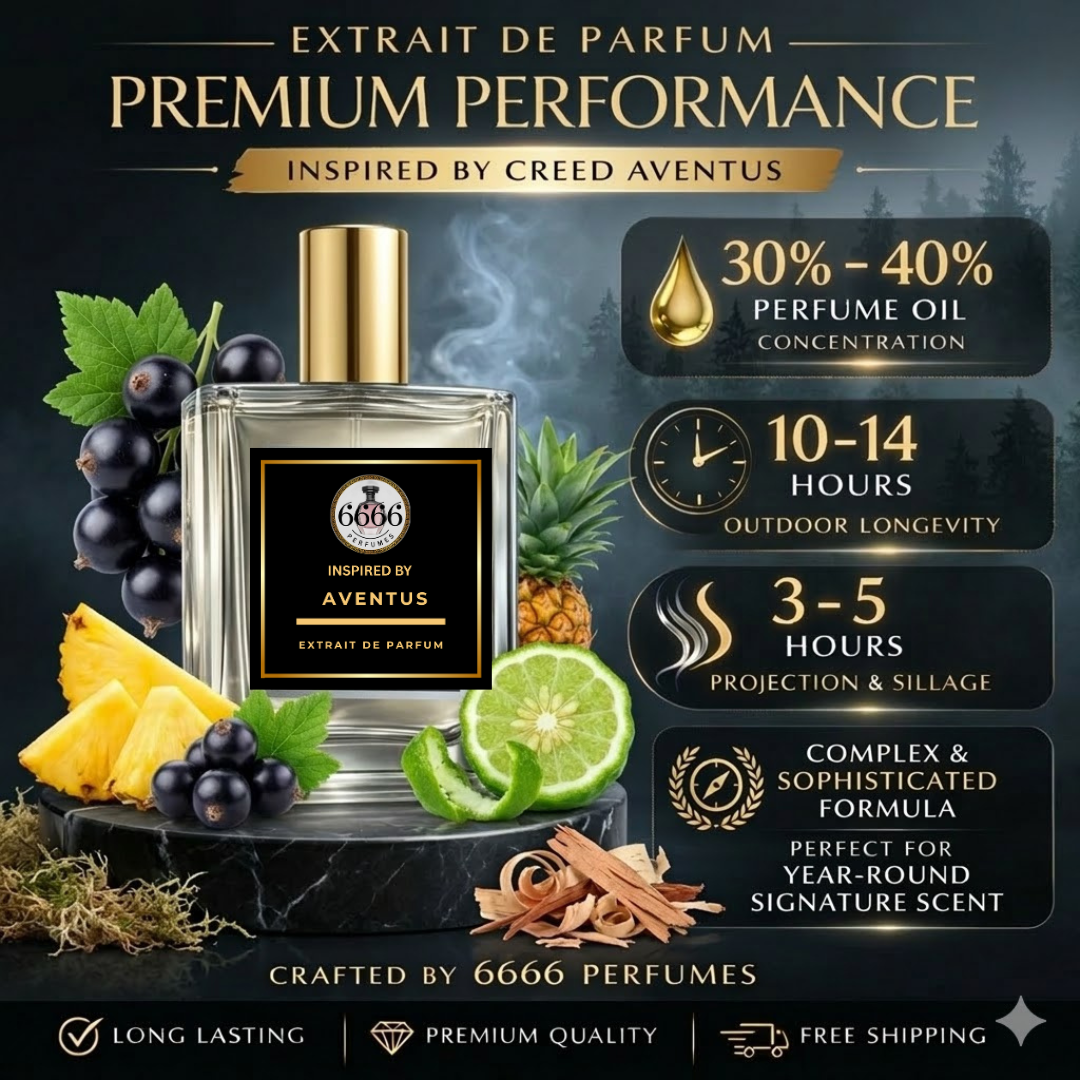 An infographic for 6666 Perfumes' inspired by Creed Aventus, an Extrait de Parfum with 30-40% perfume oil concentration. The image features a bottle of "INSPIRED BY AVENTUS" with pineapple, bergamot, blackcurrants, and cedar wood shavings. The graphic highlights performance statistics including 10-14 hours outdoor longevity and 3-5 hours projection.