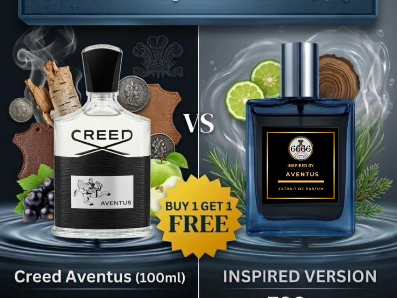 A sleek infographic contrasting a 6666perfumes bottle (showing price/longevity) with a silhouetted Creed bottle