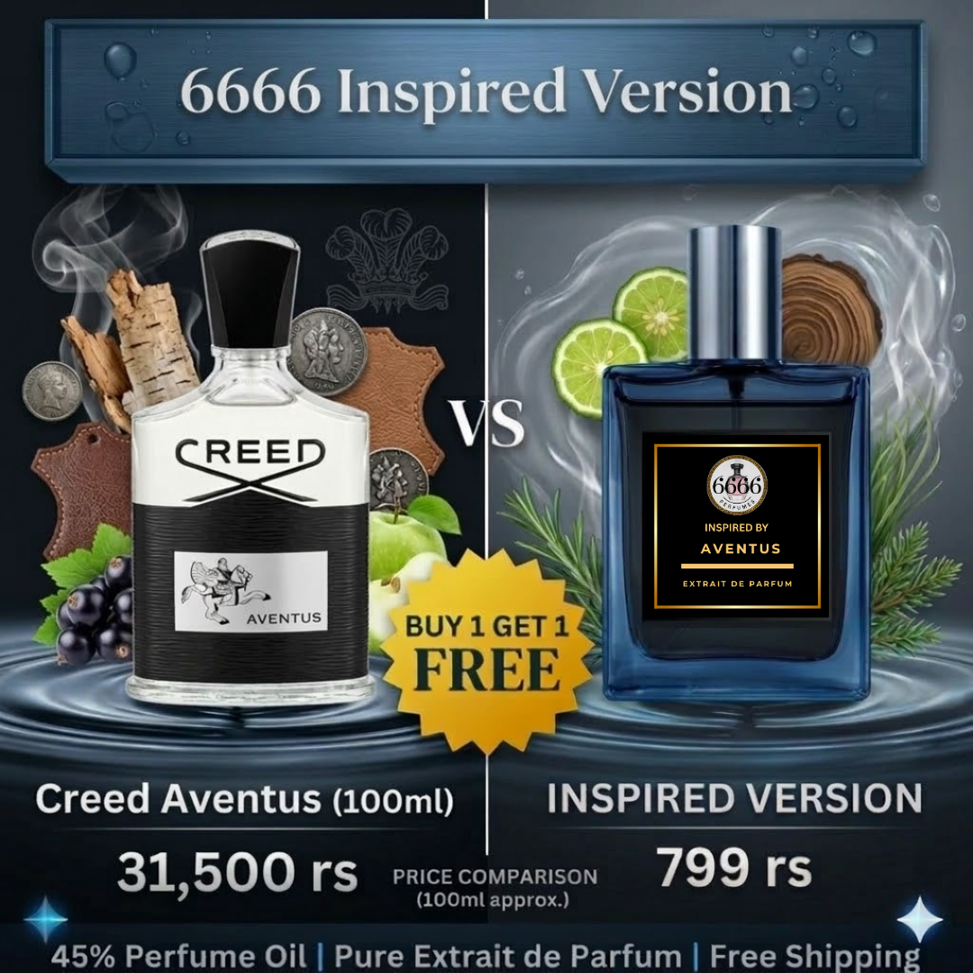 A sleek infographic contrasting a 6666perfumes bottle (showing price/longevity) with a silhouetted Creed bottle