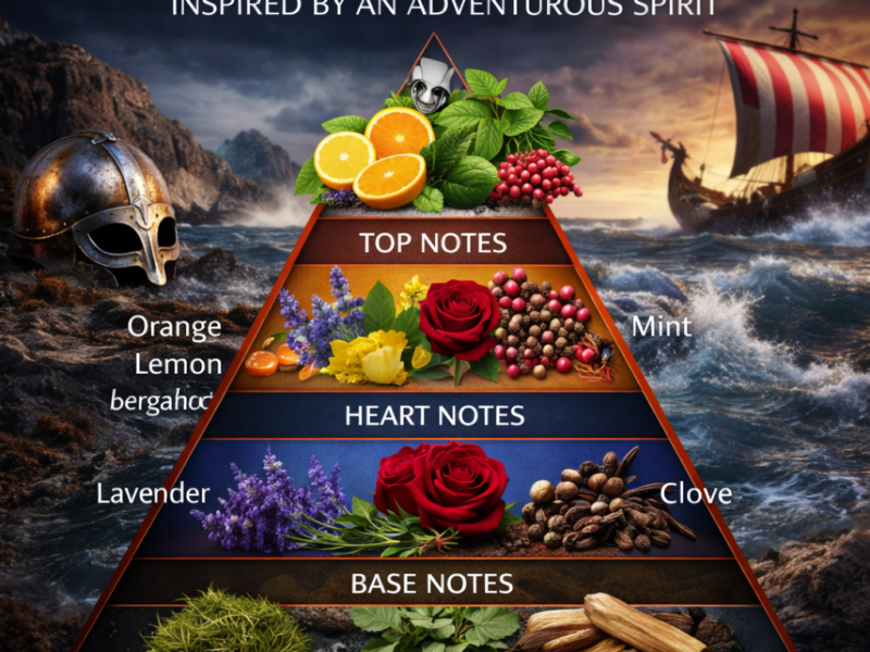 Creed Viking inspired notes pyramid showing citrus mint pepper lavender rose and woody base notes