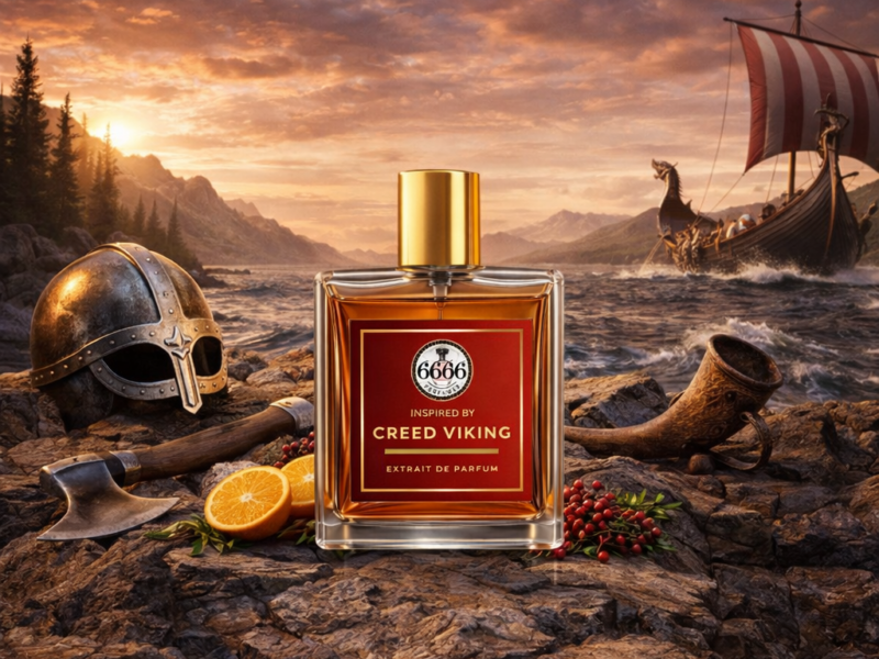 Creed Viking inspired perfume bottle in Viking sea background with helmet axe and spices bold masculine fragrance