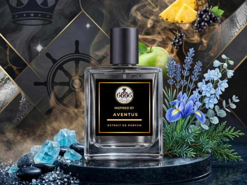 The perfume bottle on a polished granite surface next to a glass of whiskey and a leather glove, with soft ambient lighting.