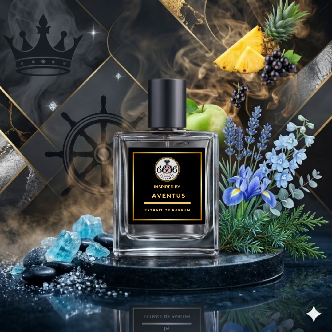 The perfume bottle on a polished granite surface next to a glass of whiskey and a leather glove, with soft ambient lighting.