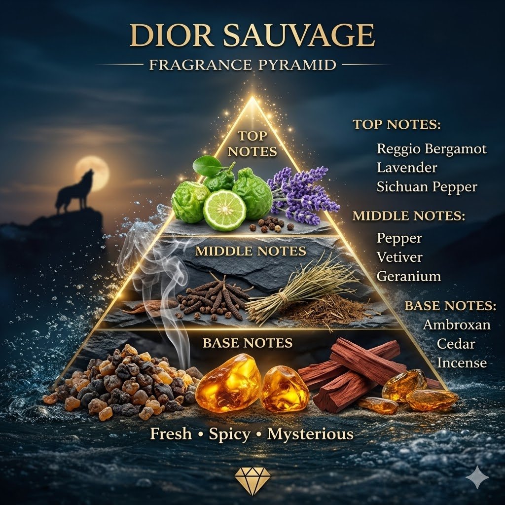 Dior Sauvage fragrance notes pyramid bergamot pepper ambroxan woody notes inspired perfume