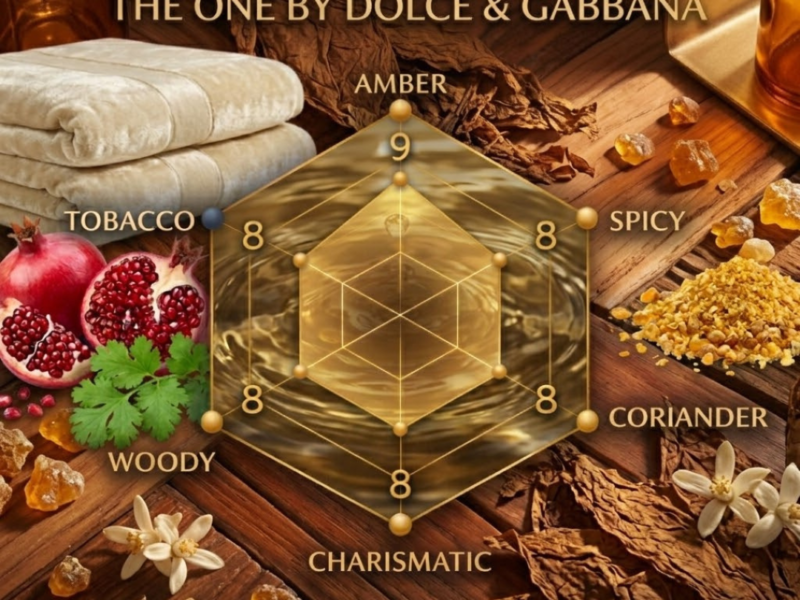 DNG The One scent radar chart showing warm spicy sweet amber fragrance performance projection longevity