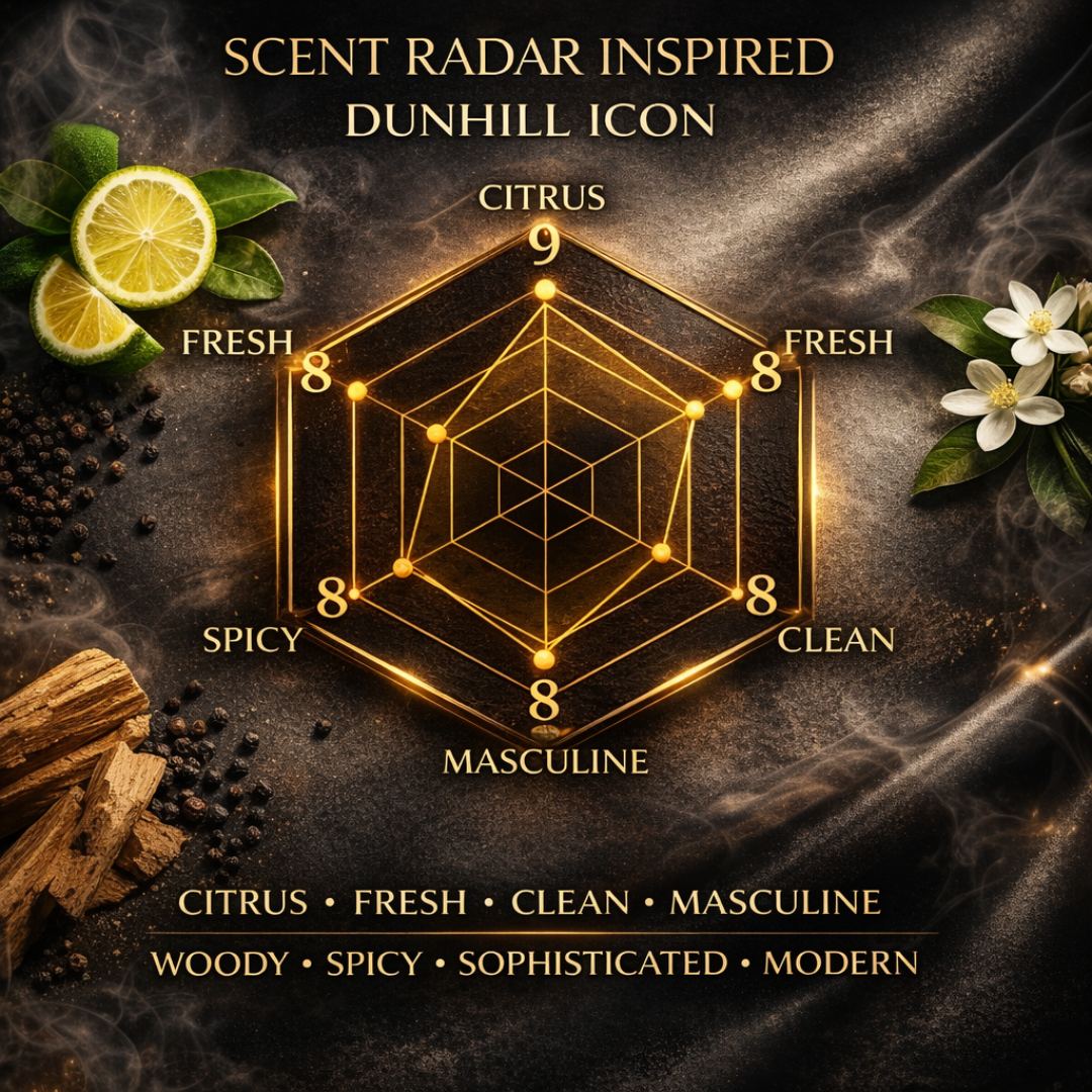 Dunhill Icon scent radar chart fresh citrus aromatic woody fragrance performance projection longevity