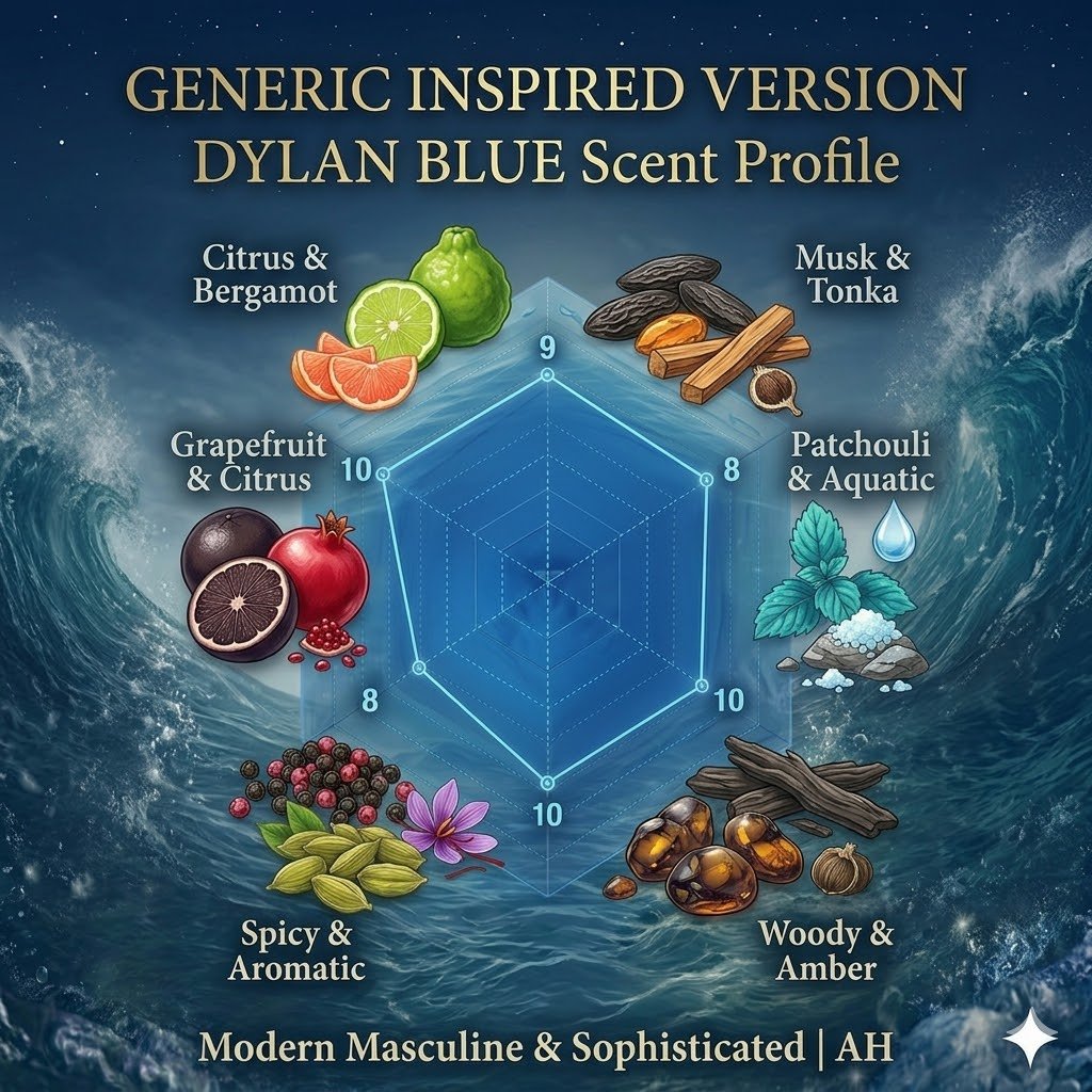 Dylan Blue Inspired Perfume Scent Profile Radar Chart showing citrus incense woody composition