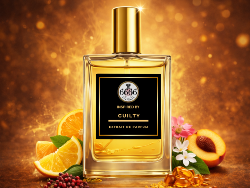 Luxury Gucci Guilty inspired perfume bottle with citrus fruits flowers and golden oil capsules long lasting extrait perfume