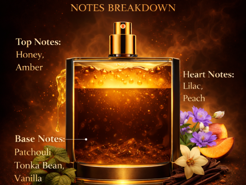 Gucci Guilty inspired perfume notes breakdown showing honey amber lilac peach patchouli tonka bean vanilla