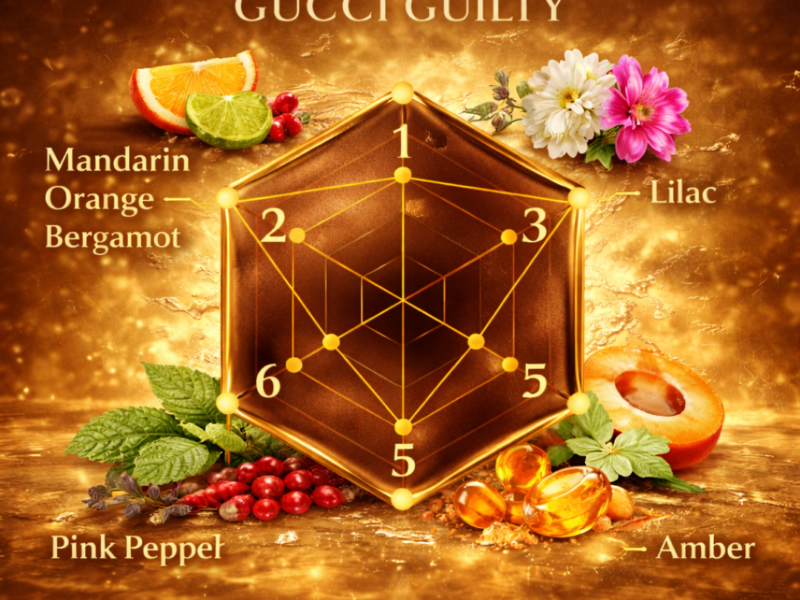 Gucci Guilty scent profile radar showing citrus floral amber notes including mandarin bergamot lilac pink pepper and amber