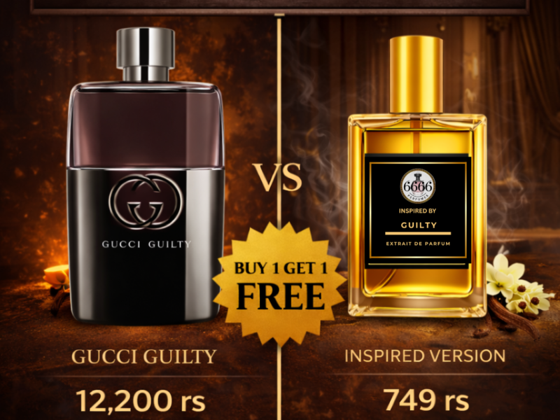 Gucci Guilty original vs inspired perfume comparison showing 12200 vs 749 price buy 1 get 1 offer