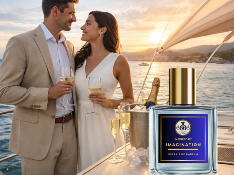 Imagination inspired perfume luxury lifestyle image featuring elegant couple on yacht enjoying sunset with fresh citrus fragrance inspired by Louis Vuitton Imagination