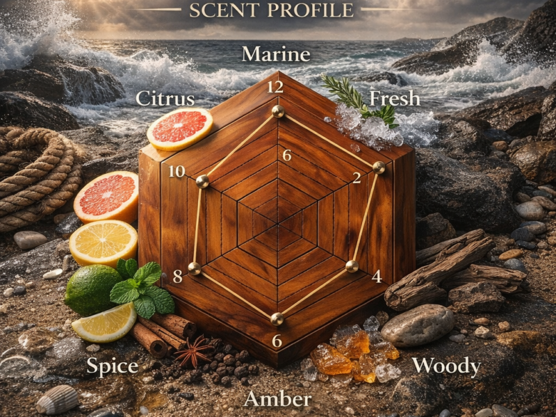 Invictus scent radar showing fresh citrus marine aquatic woody fragrance profile