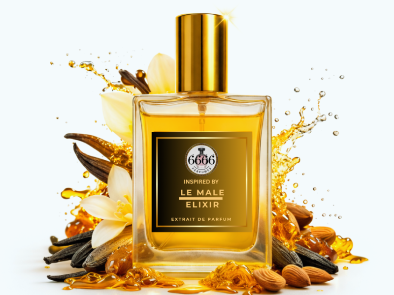 Le Male Elixir inspired perfume clean white background product honey vanilla fragrance men