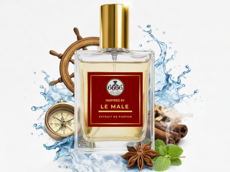 Le Male inspired perfume bottle white background clean product image mint lavender vanilla
