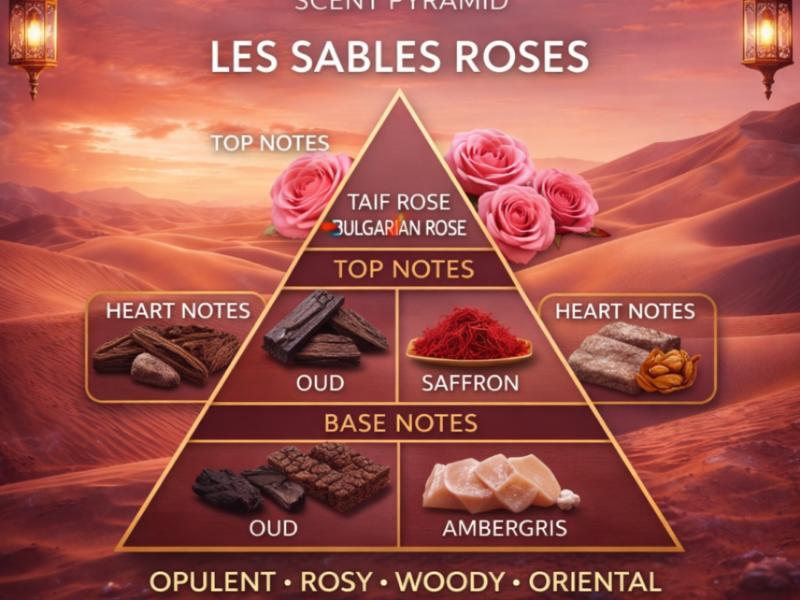 Les Sables Roses scent notes oud rose amber woody fragrance pyramid