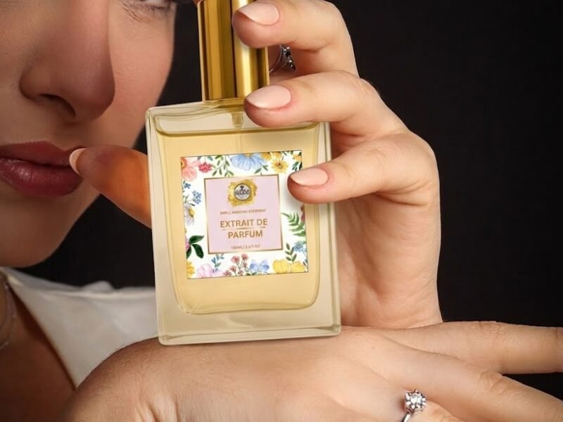 woman holding fruity floral extrait de parfum luxury fragrance