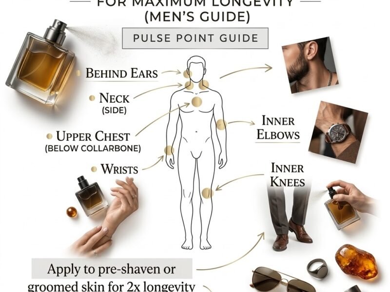 Where to apply perfume on men for maximum longevity and projection. Highlights pulse points behind ears, neck, upper chest, wrists, inner elbows, and inner knees.