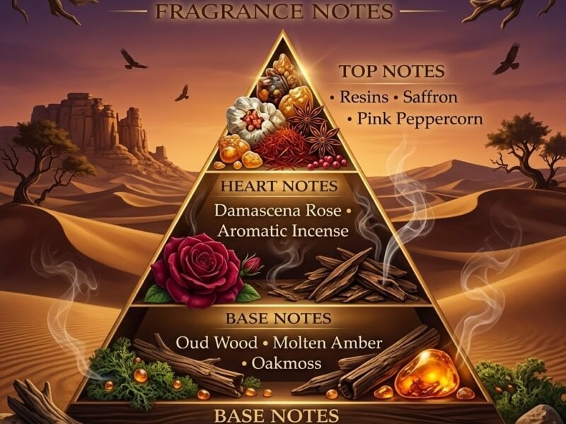 Ombre Nomade inspired fragrance notes pyramid showing saffron resin rose incense oud amber and oakmoss