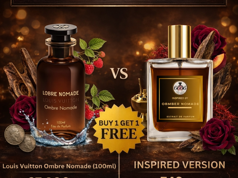 Price comparison between Louis Vuitton Ombre Nomade perfume and Ombre Nomade inspired perfume showing affordable alternative with extrait de parfum oil concentration