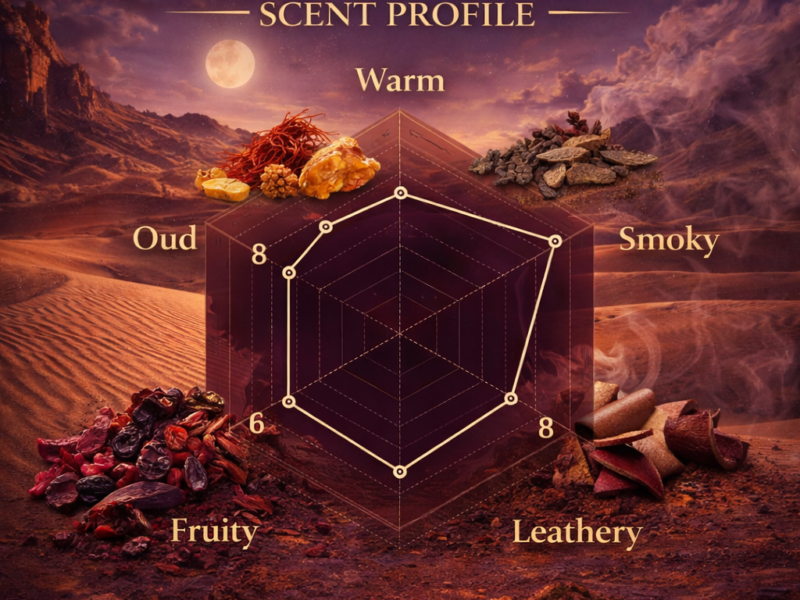 Ombre Nomade inspired perfume scent profile chart showing warm smoky oud leathery and fruity accords
