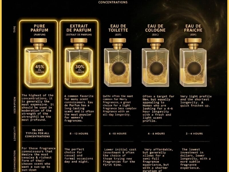 Perfume concentration guide comparing essential oil extrait de parfum eau de parfum and eau de toilette