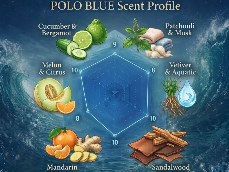Polo Blue Inspired Perfume Scent Profile – Fresh Aquatic Citrus Radar Chart with Cucumber Bergamot and Vetiver Notes