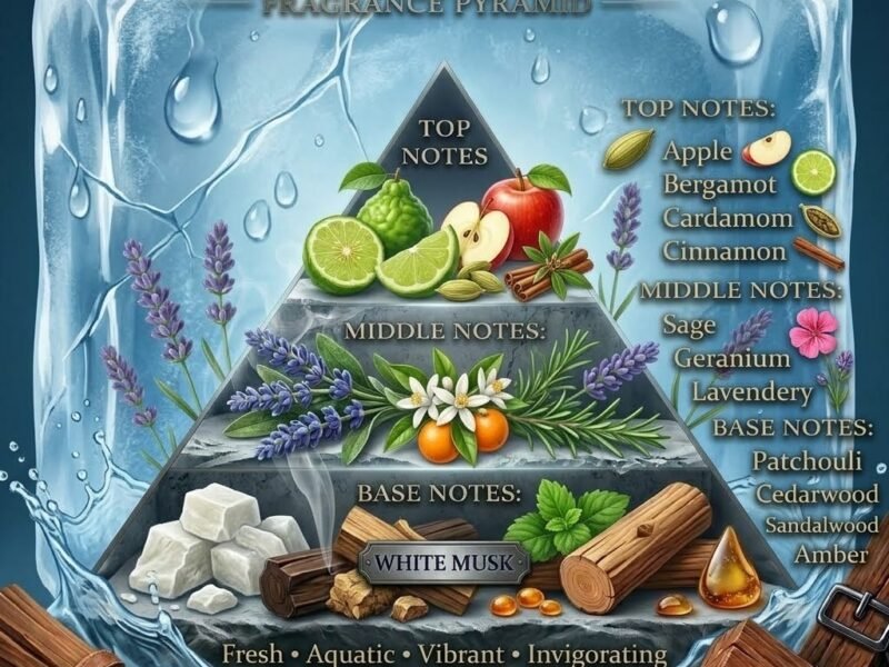 Rasasi Hawas fragrance notes pyramid showing apple, bergamot, cinnamon, aquatic notes, ambergris and musk base.