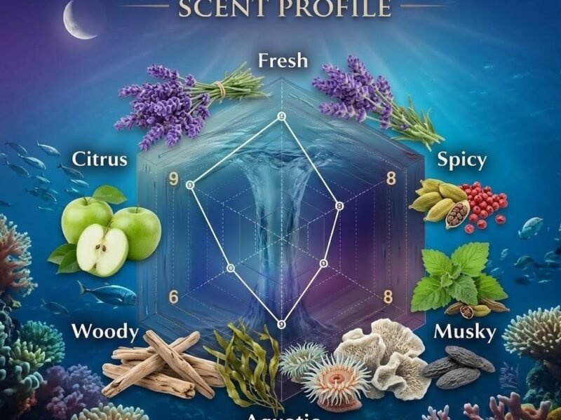 Rasasi Hawas scent profile featuring sweet apple freshness with aquatic notes and ambergris base.